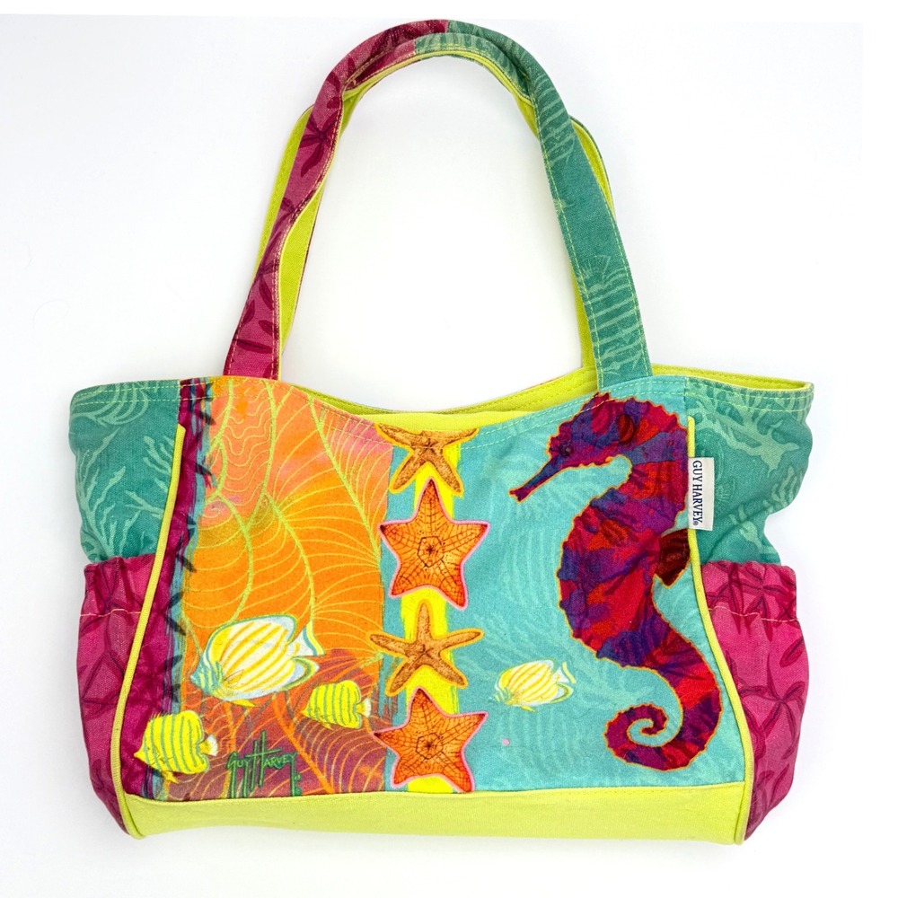 VTG Tropical Tote Bag Guy Harvey Canvas Seashells Colorful Retro Vacation
